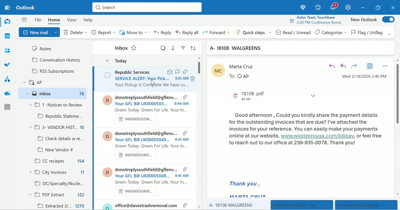 Outlook inbox with invoice emails
