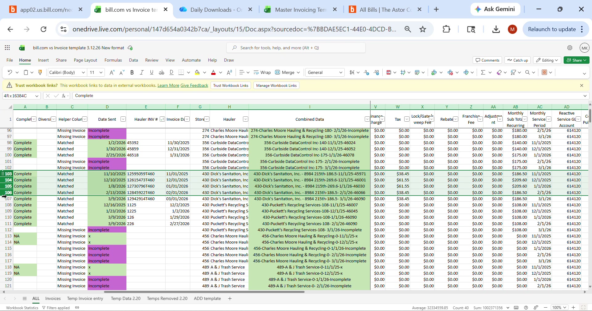 WAG review spreadsheet with color coding