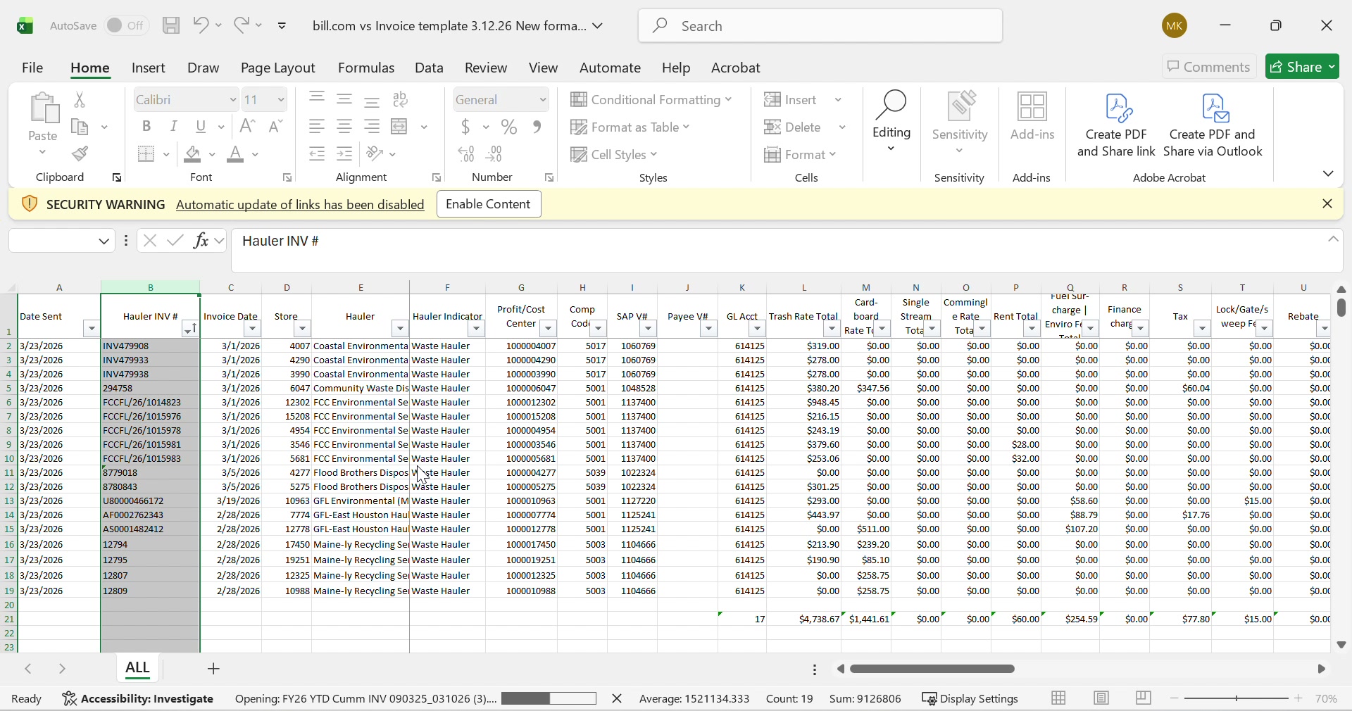 Hauler invoice numbers and codes