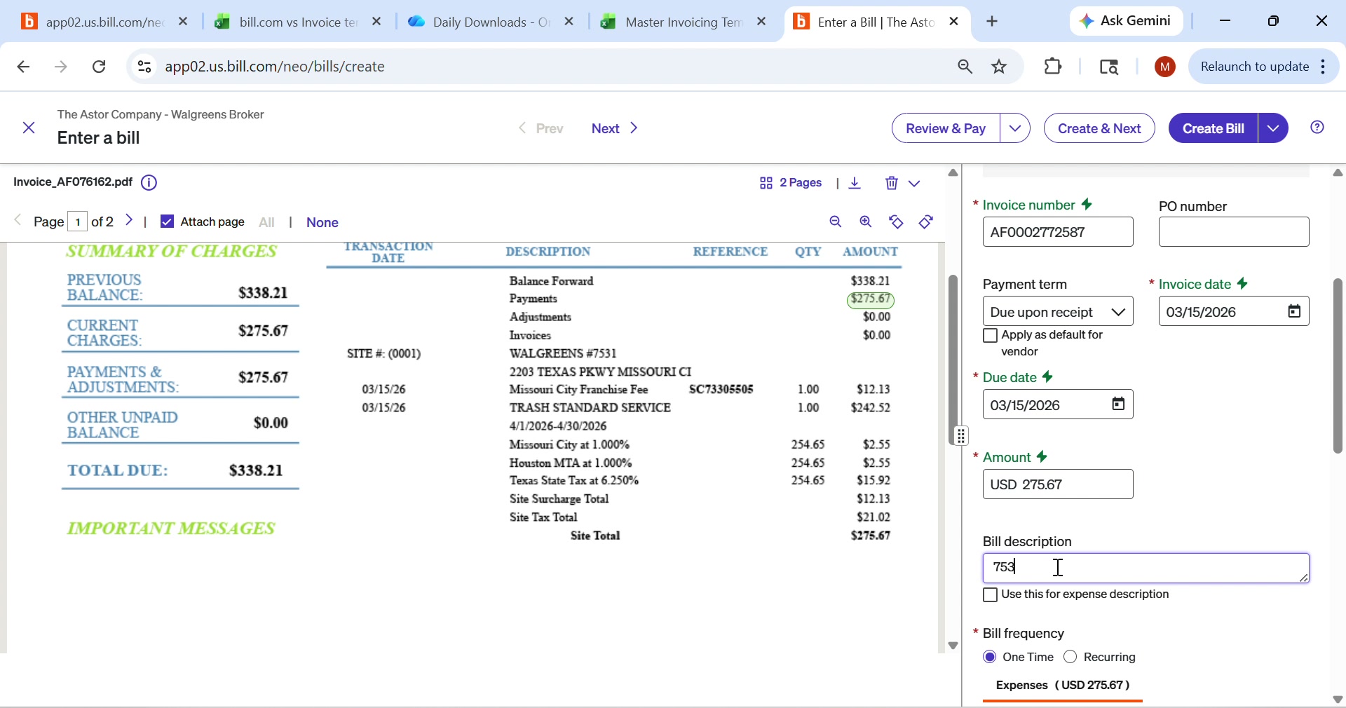Bill.com enter a bill screen