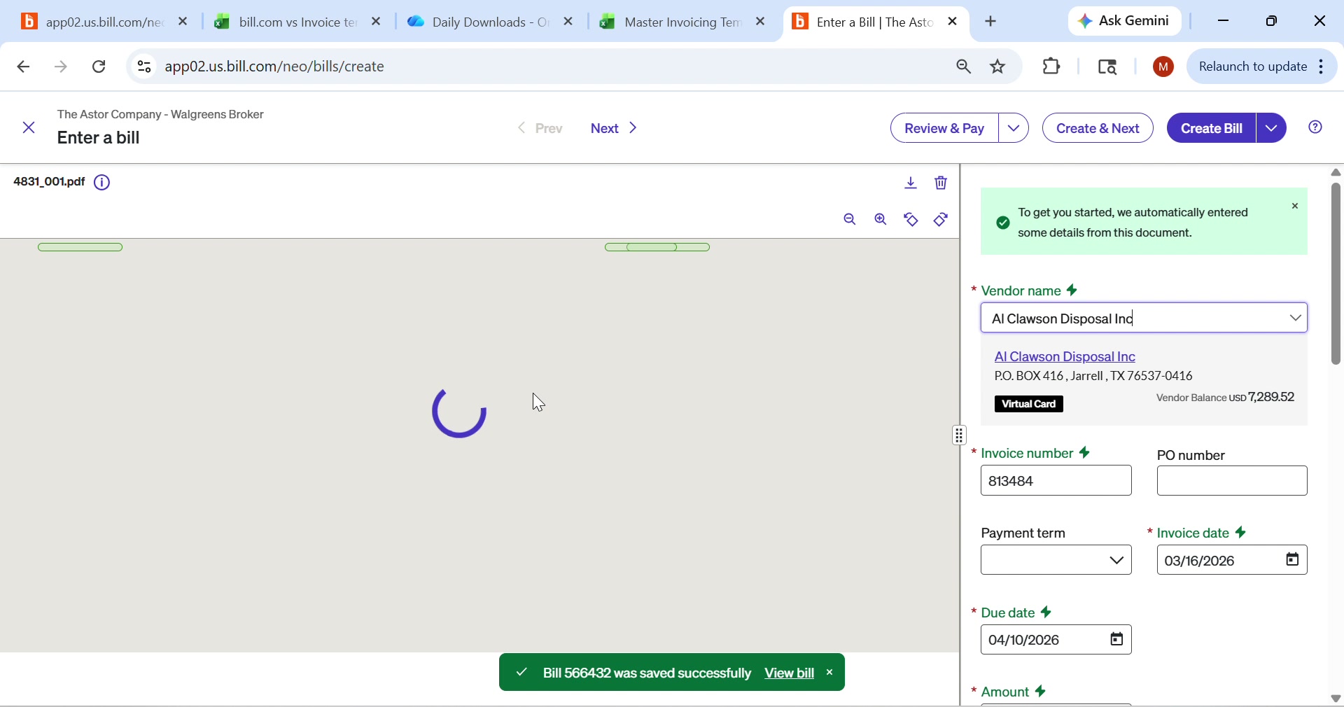 Bill.com auto-extract partial