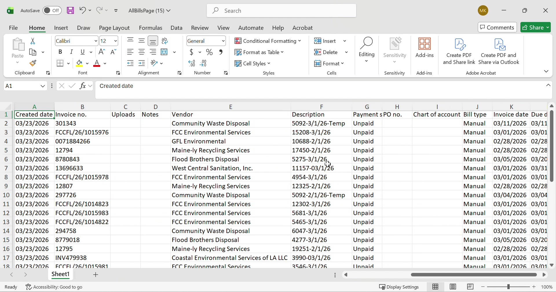 Excel export from Bill.com showing Incomplete rows