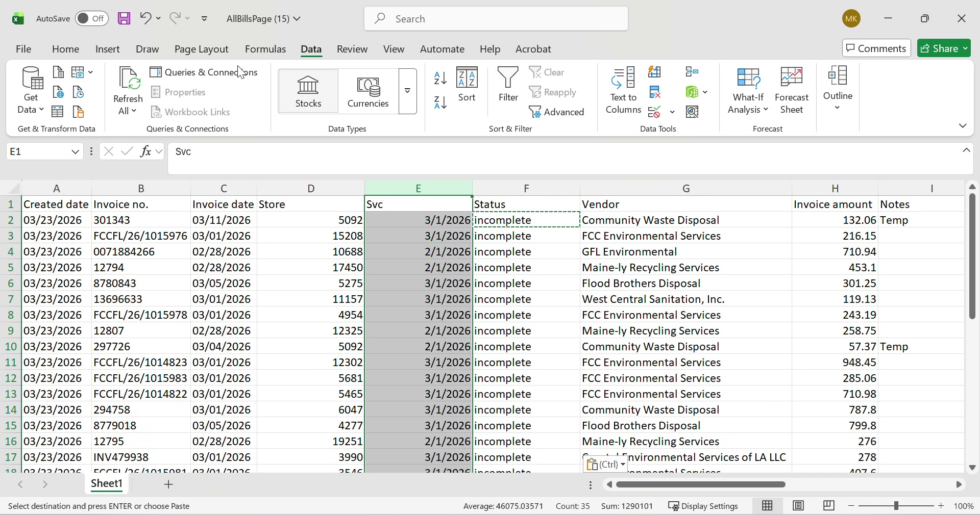 Excel with store numbers and status